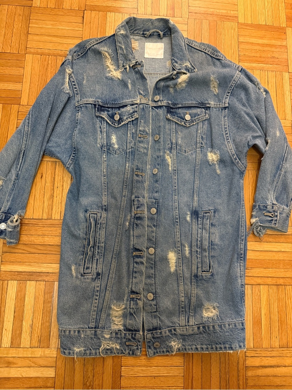 Zara Distressed Long Denim Jacket - Light Blue